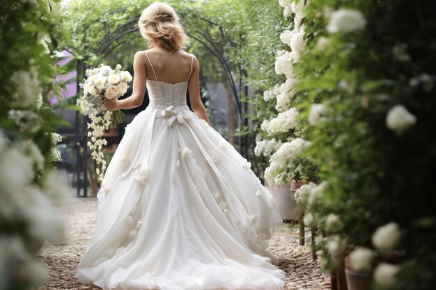 Novia caminando por un jardín con un ramo en la mano