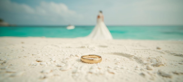 Foto la novia caminando por la playa de arena con anillos de boda y anillos de oro borroso espacio de copia de fondo