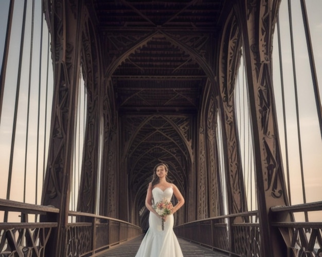 novia caminando por un puente con su ramo en la mano.