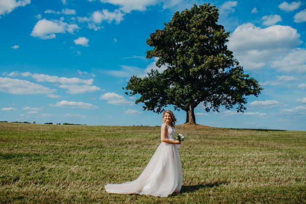 La novia en el campo camina en el campo contra el fondo de un gran roble viejo.
