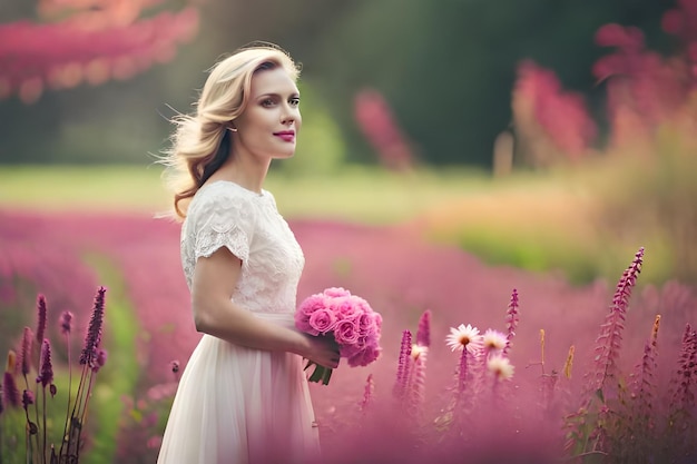 novia en un campo de flores