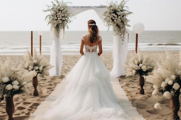 La novia cerca del arco nupcial. Boda moderna en la playa