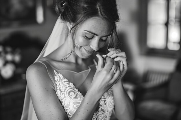 La novia chequeando el anillo de bodas en el dedo mirando contento