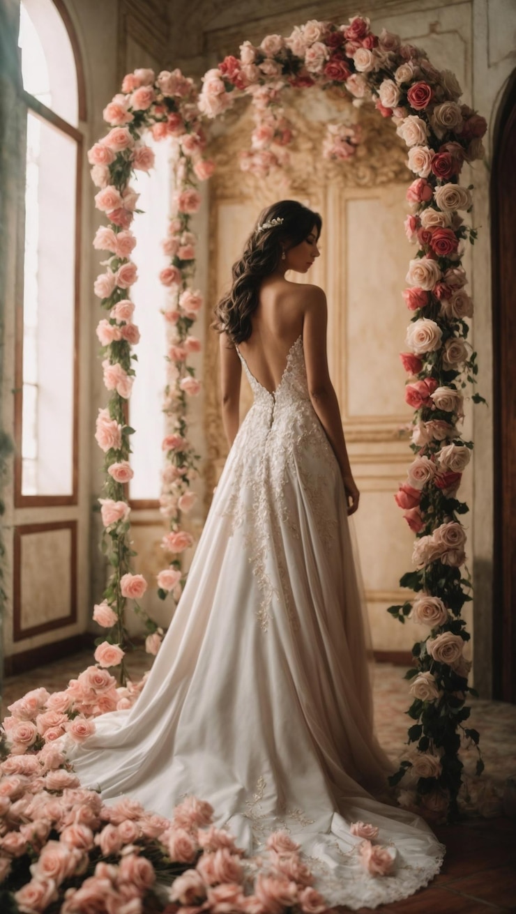 Foto novia elegante en capilla vestido de encaje y ramo de rosas blancas