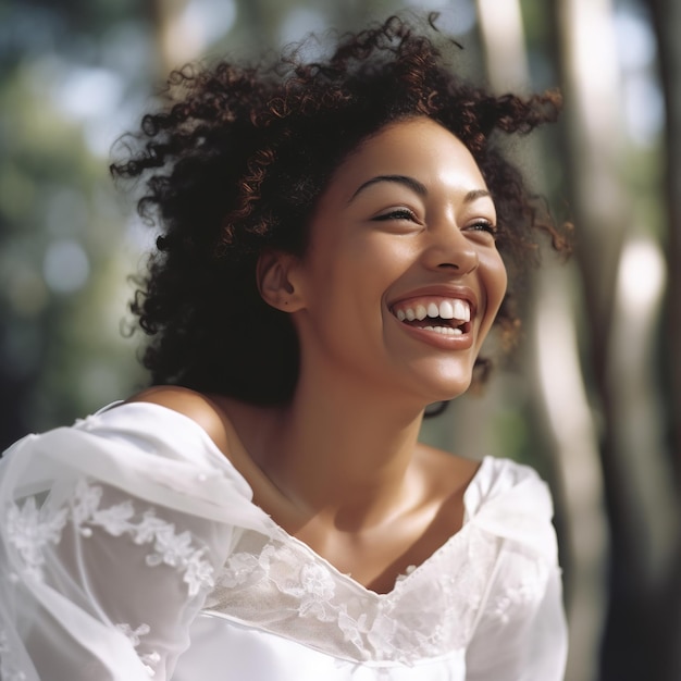 Novia feliz mujer negra joven en blanco fuera del hombro vestido de novia sonriendo