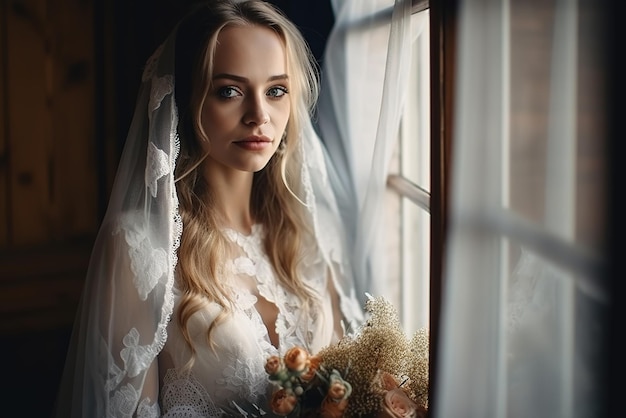 Una novia se para frente a una ventana con un ramo de flores.