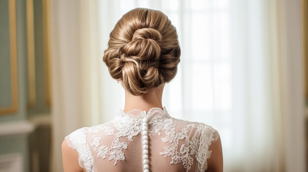 Novia con hermoso peinado peinado de novia belleza y cuidado del cabello moda y estilo de boda