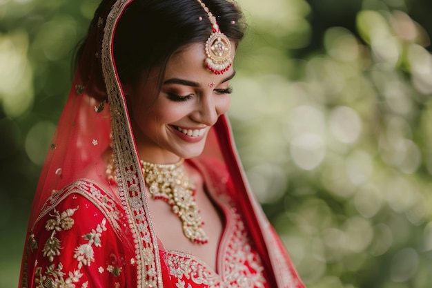 Novia hindú tradicional en lehenga roja con bordados de oro