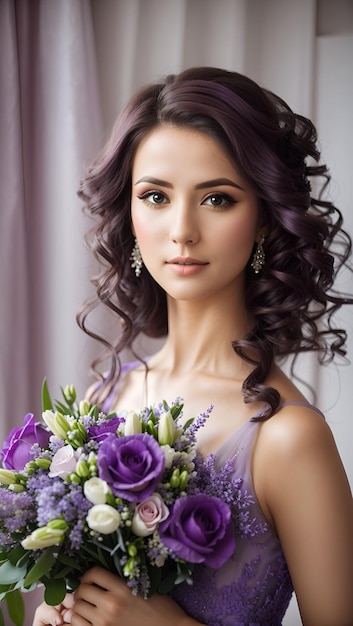 Una novia impresionante con un vestido de novia morado y un ramo de flores de primavera en sus manos