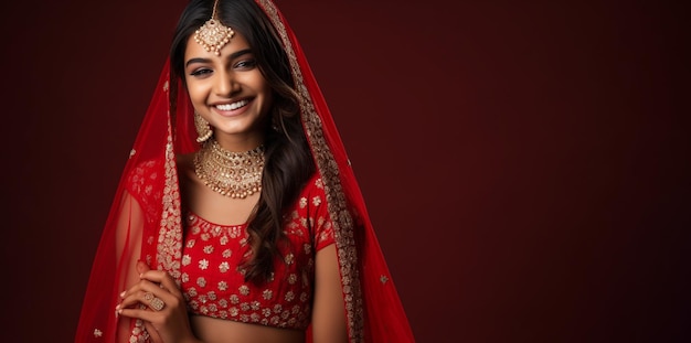 Una novia india sonriente con Lehenga roja y joyas