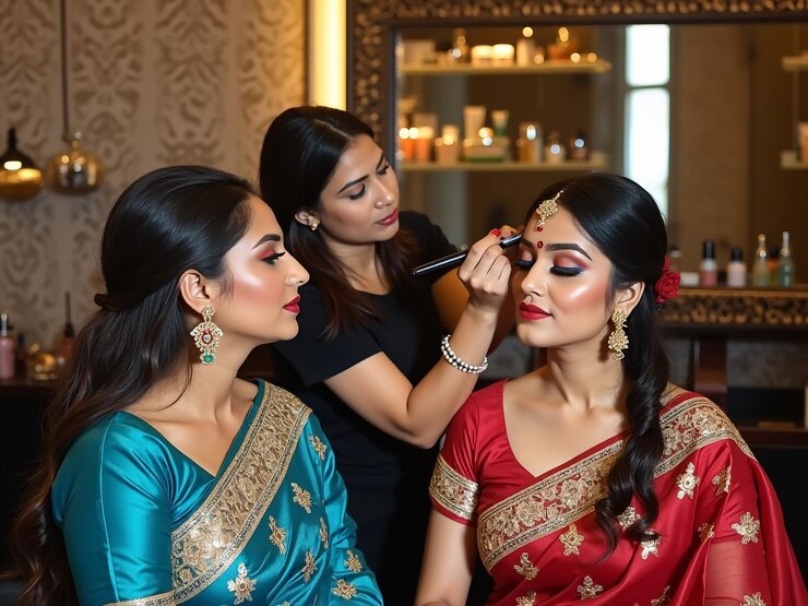 La novia india tradicional se aplica el maquillaje