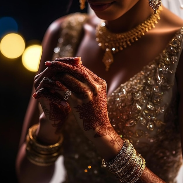 Una novia con un lehenga dorado sostiene sus manos juntas.