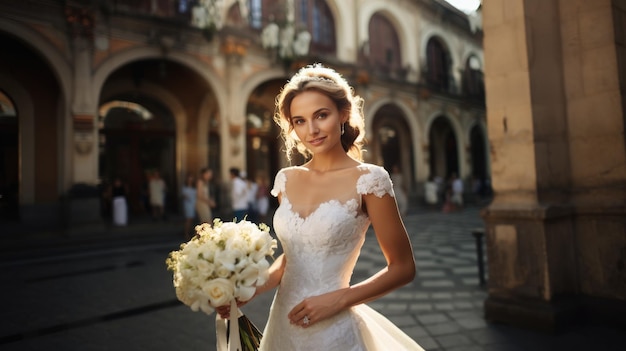 Una novia magníficamente vestida el día de su boda.