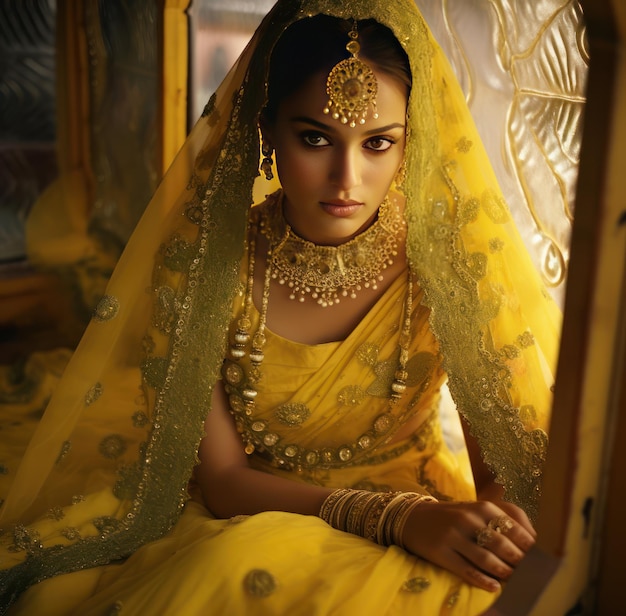 Foto la novia de marwari amarillo limón brilla al amanecer en el trabajo de espejo adornado ghagra choli