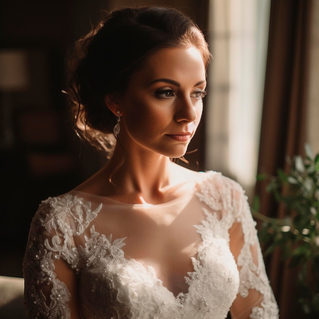 Novia mirando por la ventana a la boda