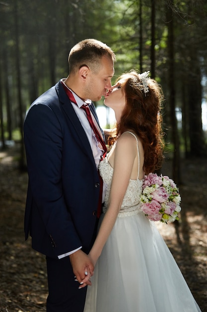 La novia y el novio se abrazan y se besan en el bosque oscuro en el sol. Boda en la naturaleza, retrato de una pareja enamorada en el parque