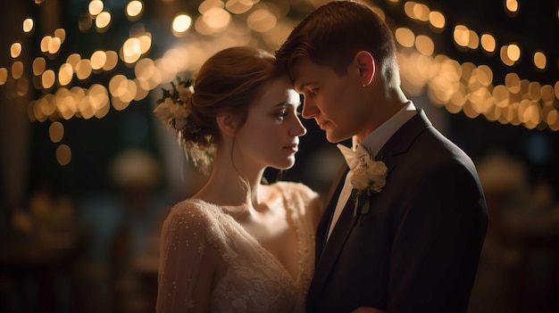 Una novia y un novio se abrazan frente a un bokeh de luces