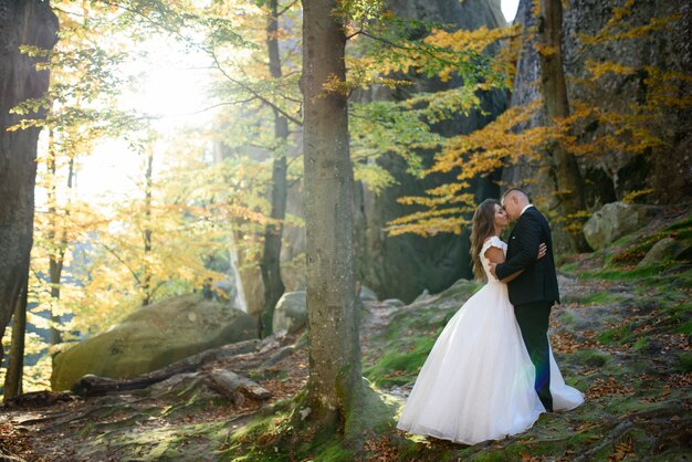 La novia y el novio se abrazan entre las rocas y los árboles.