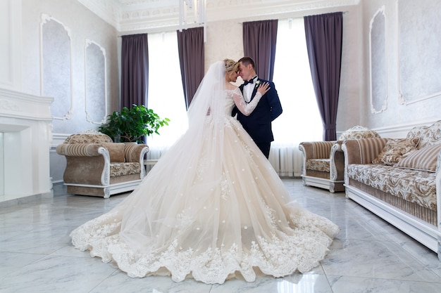 Novia y el novio abrazando suavemente en el interior en un elegante interior. concepto de escarda