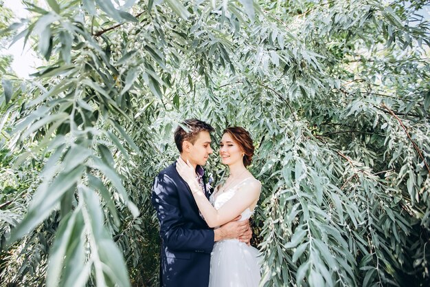 La novia y el novio abrazándose, besándose al aire libre el día de la boda, pareja joven, día de san valentín