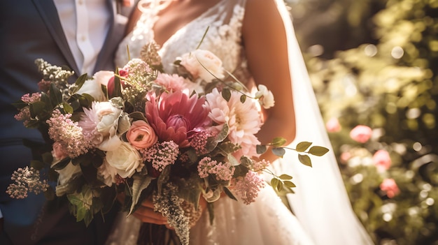 novia y novio abrazándose y sosteniendo un ramo de flores en la fiesta de bodas