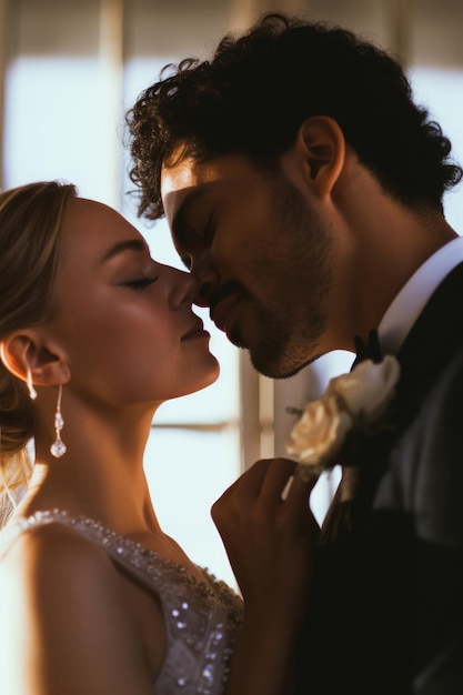 Una novia y un novio se besan frente a una ventana.