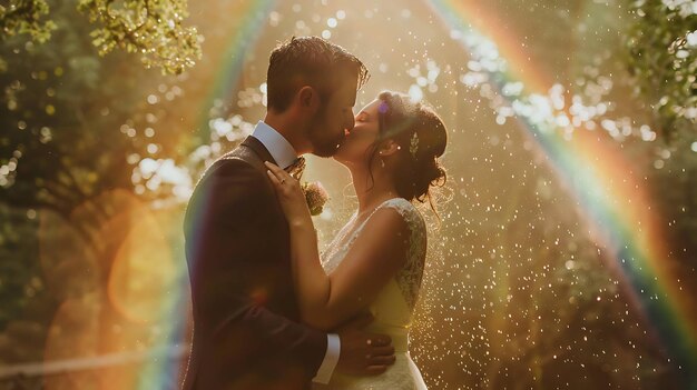 La novia y el novio se besan bajo la lluvia Un arco iris se forma en el fondo