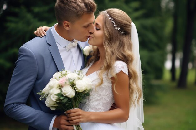 La novia y el novio besándose el día de su boda.