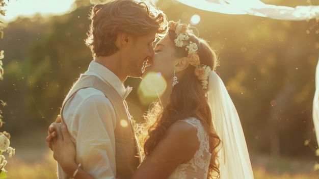 La novia y el novio besándose en la escena de la boda.