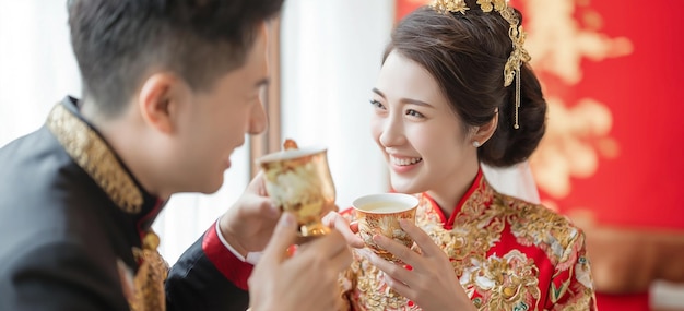 La novia y el novio en una boda tradicional bebiendo té chino y divertida ceremonia de té de boda china