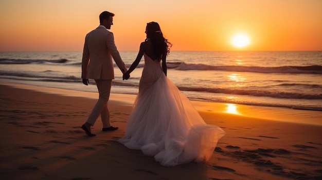 Una novia y un novio caminan por la playa al atardecer.