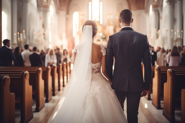 La novia y el novio caminando juntos por el pasillo de la iglesia en la boda ai generativo