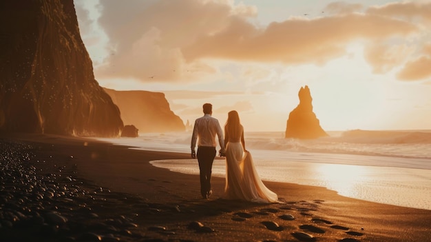 Foto la novia y el novio caminando por la playa al atardecer