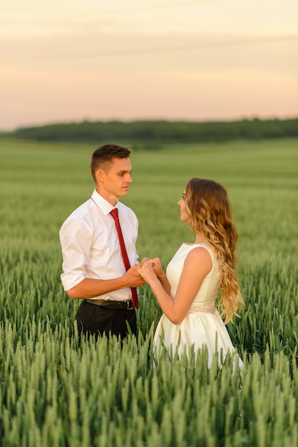 Novia y el novio en un campo de trigo. Pareja tiene las manos.