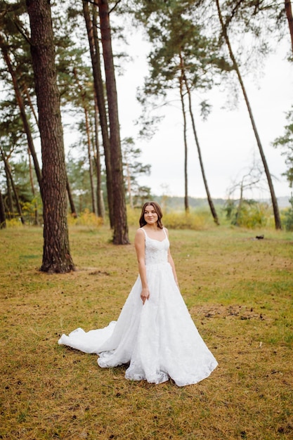 La novia y el novio corren por un bosque Sesión de fotos de boda