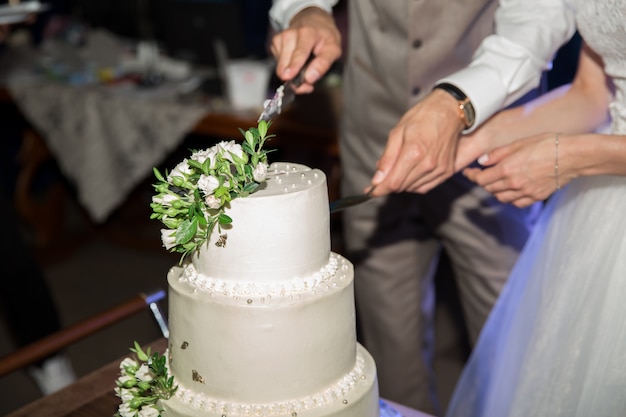 La novia y el novio cortan el pastel de bodas. El pastel está decorado con rosas beige y verdes.