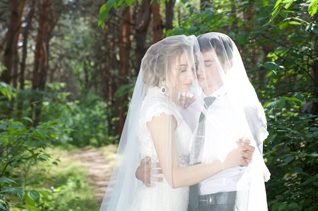 novia y novio cubiertos con un velo