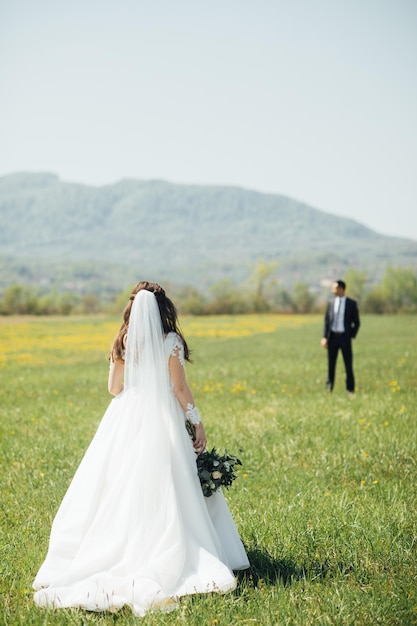 La novia y el novio en el día de la boda caminando al aire libre en la naturaleza verde de verano.