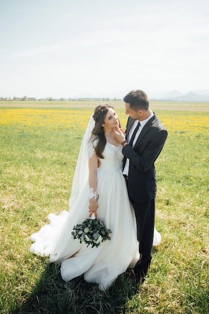 La novia y el novio en el día de la boda caminando al aire libre en la naturaleza verde de verano.