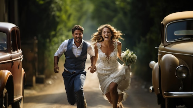 Foto una novia y un novio emocionados corren alegremente en su día de bodas en un entorno rústico