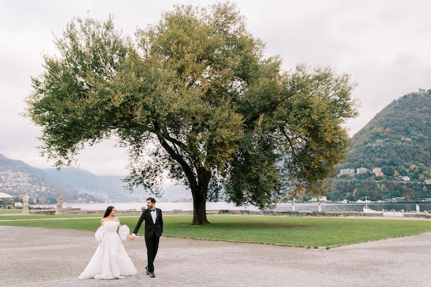 La novia y el novio están caminando de la mano cerca de un gran árbol en el jardín del lago como Italia