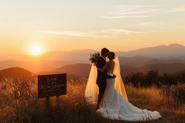 Una novia y un novio están de pie juntos en un campo mientras el sol se pone capturando un momento hermoso y romántico boda en la cima de una montaña serena con vistas a la puesta de sol en el fondo Generado por IA