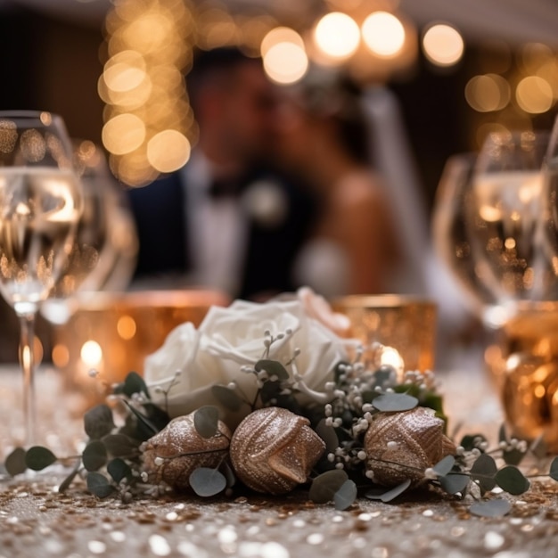 una novia y un novio están sentados en una mesa con copas de champán y copas de champán.