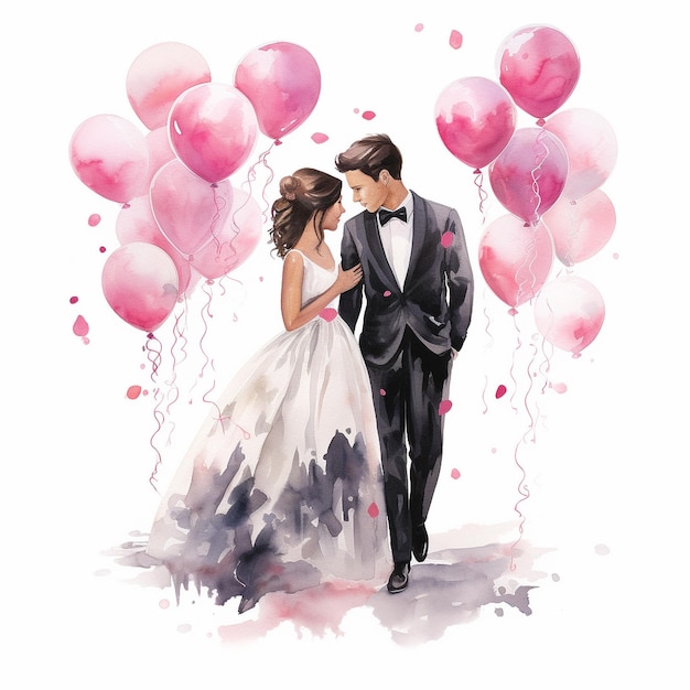 La novia y el novio con globos delante de ellos