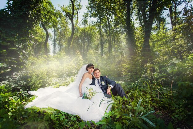 Novia y novio en un increíble bosque verde de verano