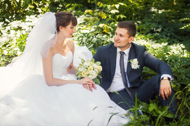 Novia y novio en un increíble bosque verde de verano