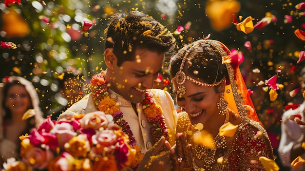 La novia y el novio indios en una asombrosa ceremonia de boda hindú