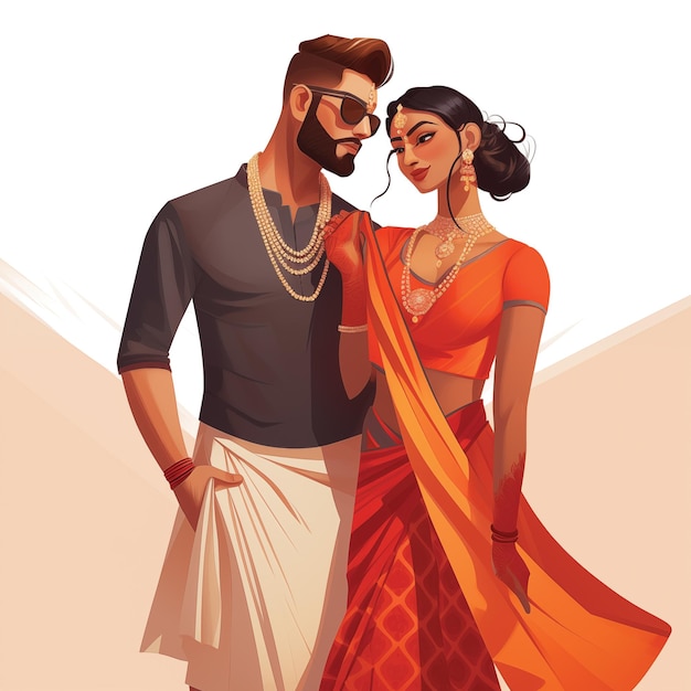 La novia y el novio indios vestidos con trajes tradicionales en el estilo del arte 2D e ilustración