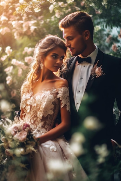 Novia y novio en un jardín con flores.