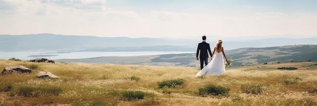 Novia y novio en las montañas Ceremonia del día de la boda